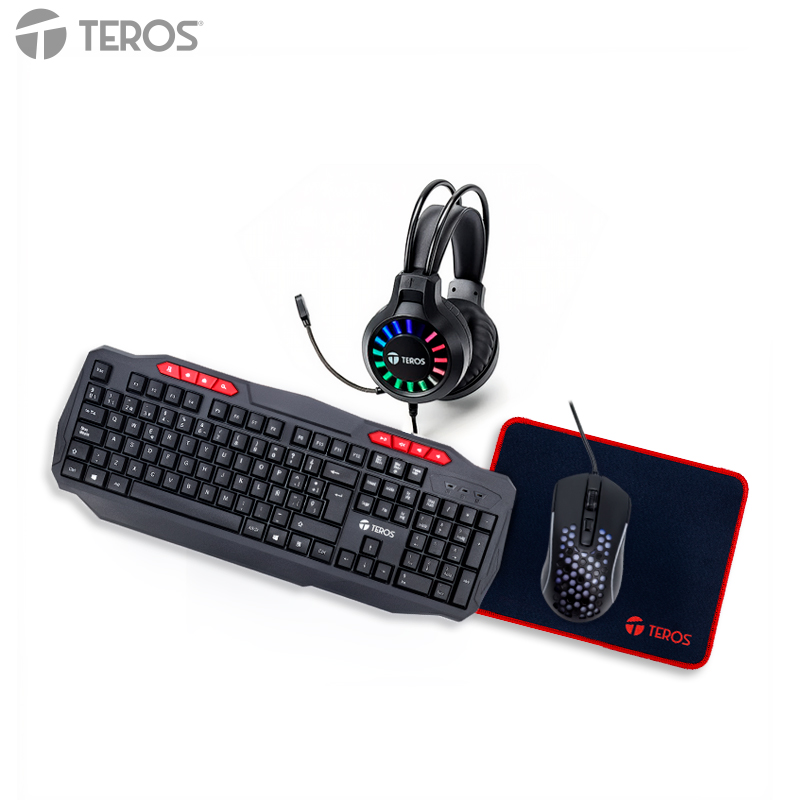 Kit gamer 4 en 1 Teros TE-5014S · Teclado, mouse, auriculares y mousepad