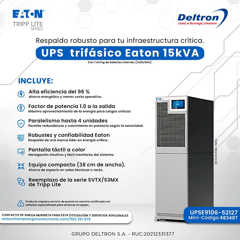 UPS trifásico Eaton 93T 15 kVA · baterías internas 1x36x9Ah