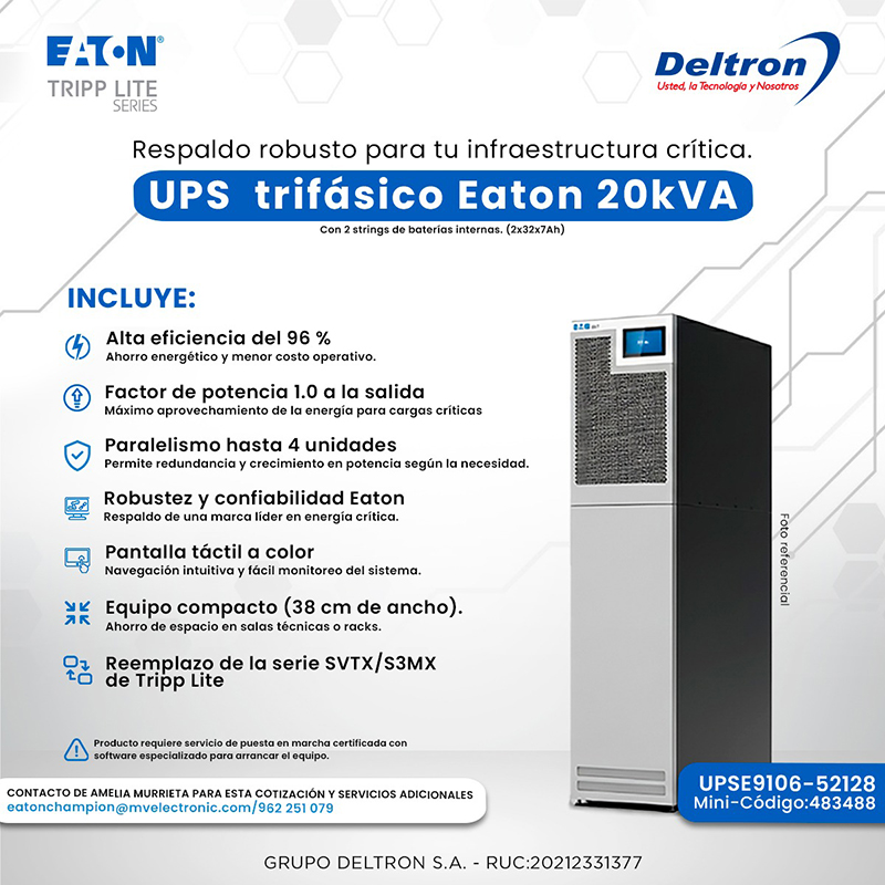 UPS trifásico Eaton 93T 20 kVA · baterías internas 2x32x7Ah