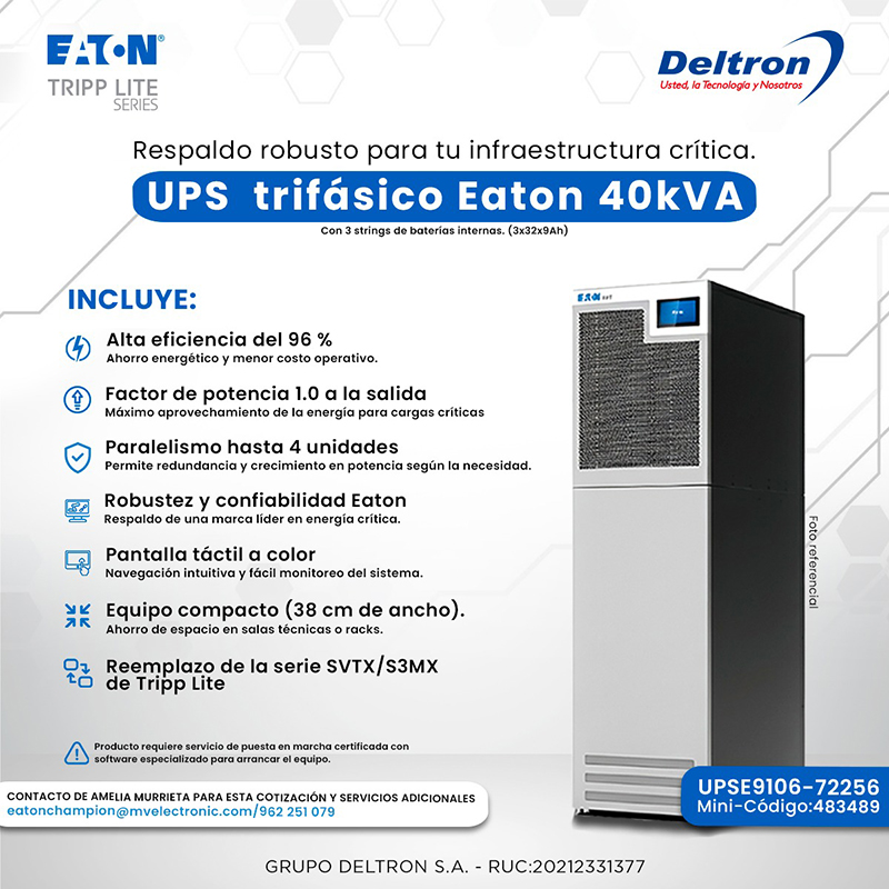 UPS trifásico Eaton 93T 40 kVA · baterías internas 3x32x9Ah