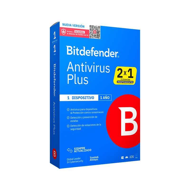 Bitdefender Antivirus Plus · 1 PC · 12 meses · Caja 2x1