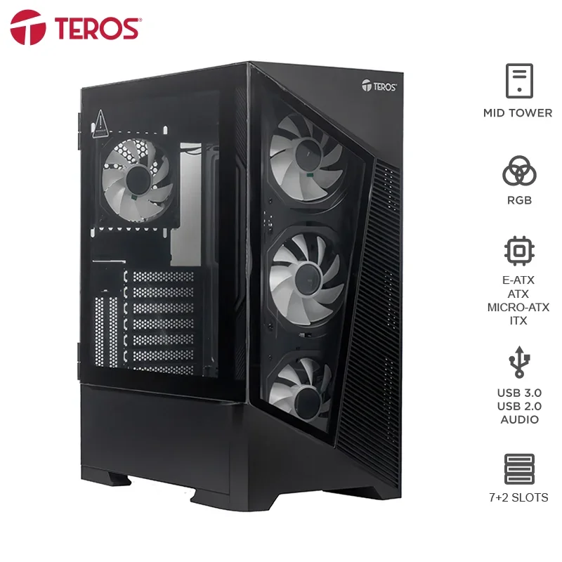 Case gamer Teros TE-1330G · Mid Tower · E-ATX · 4 ventiladores ARGB · negro
