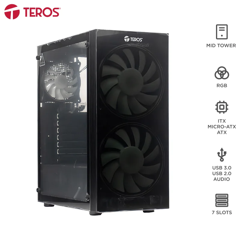 Case gamer Teros TE-1333G · Mid Tower · 3 ventiladores ARGB · negro