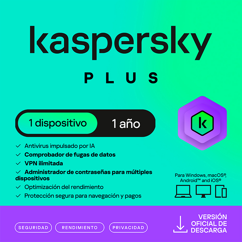 Kaspersky Plus · 1 PC · 1 año · Virtual