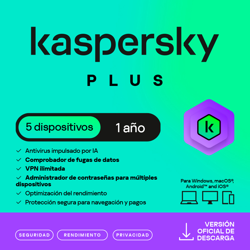 Kaspersky Plus · 3 PC · 1 año · Virtual