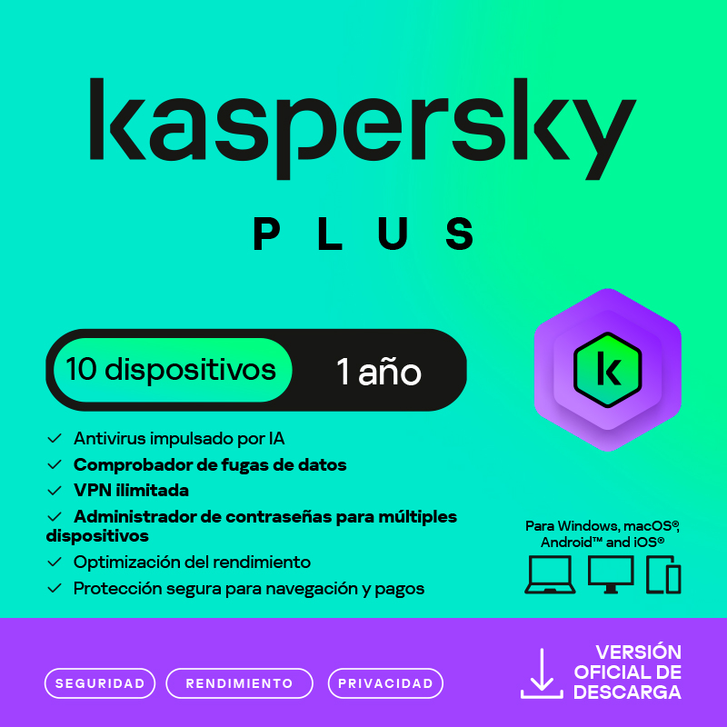 Kaspersky Plus · 10 PC · 1 año · Virtual