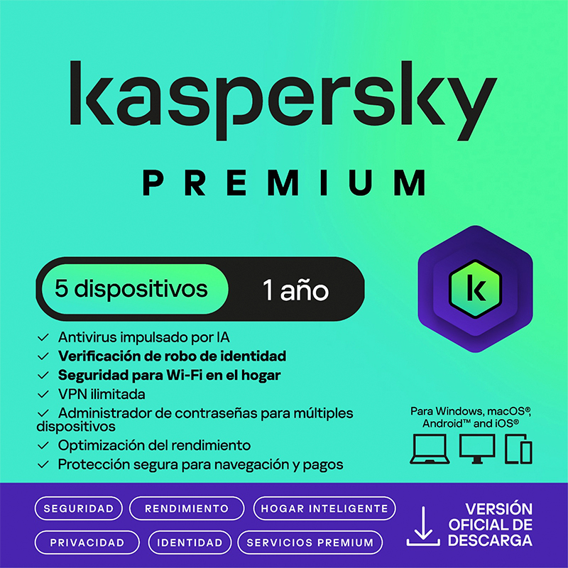 Kaspersky Premium · 5 PC · 1 año · Virtual