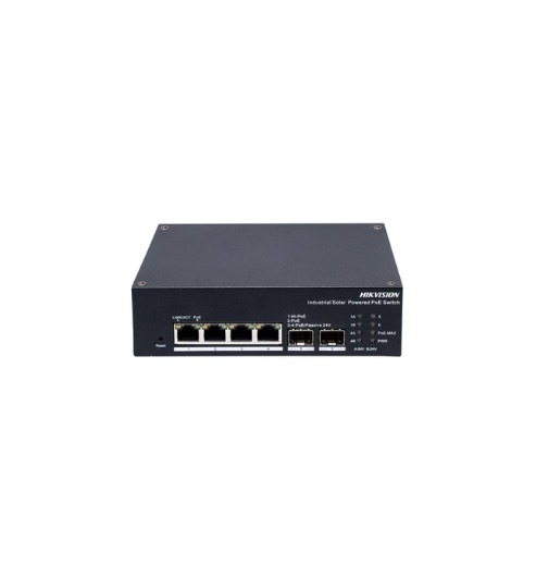Switch industrial solar Hikvision DS-3T1506HP-EI-UPS · 4 puertos PoE Gigabit · 2 SFP