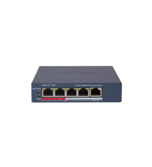 Switch Smart PoE Hikvision DS-3E1105P-EI/M · 4 puertos 10/100 Mbps · 1 uplink